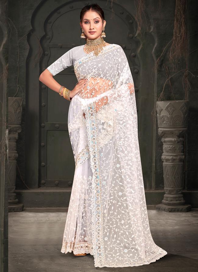 Net White Wedding Wear Sequins Work Saree